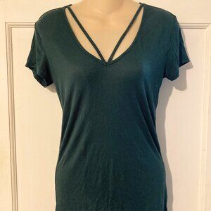 AMBIANCE Women's Dark Green Ribbed Knit STRETCH SSl Shirt ~ M